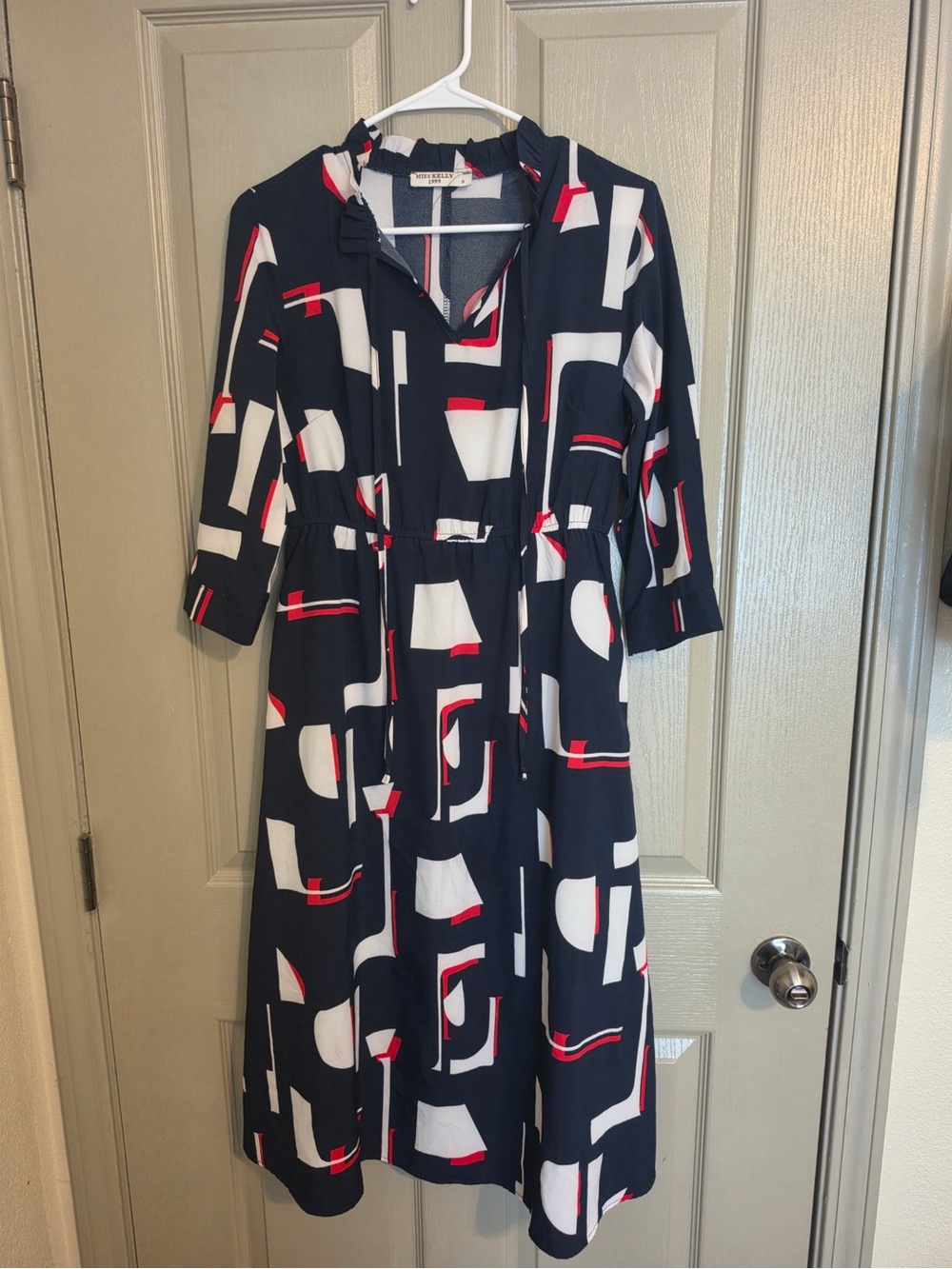 Miss Kelly 1999 Women’s Navy Geometric Print Midi Dress with Red & White Accents
